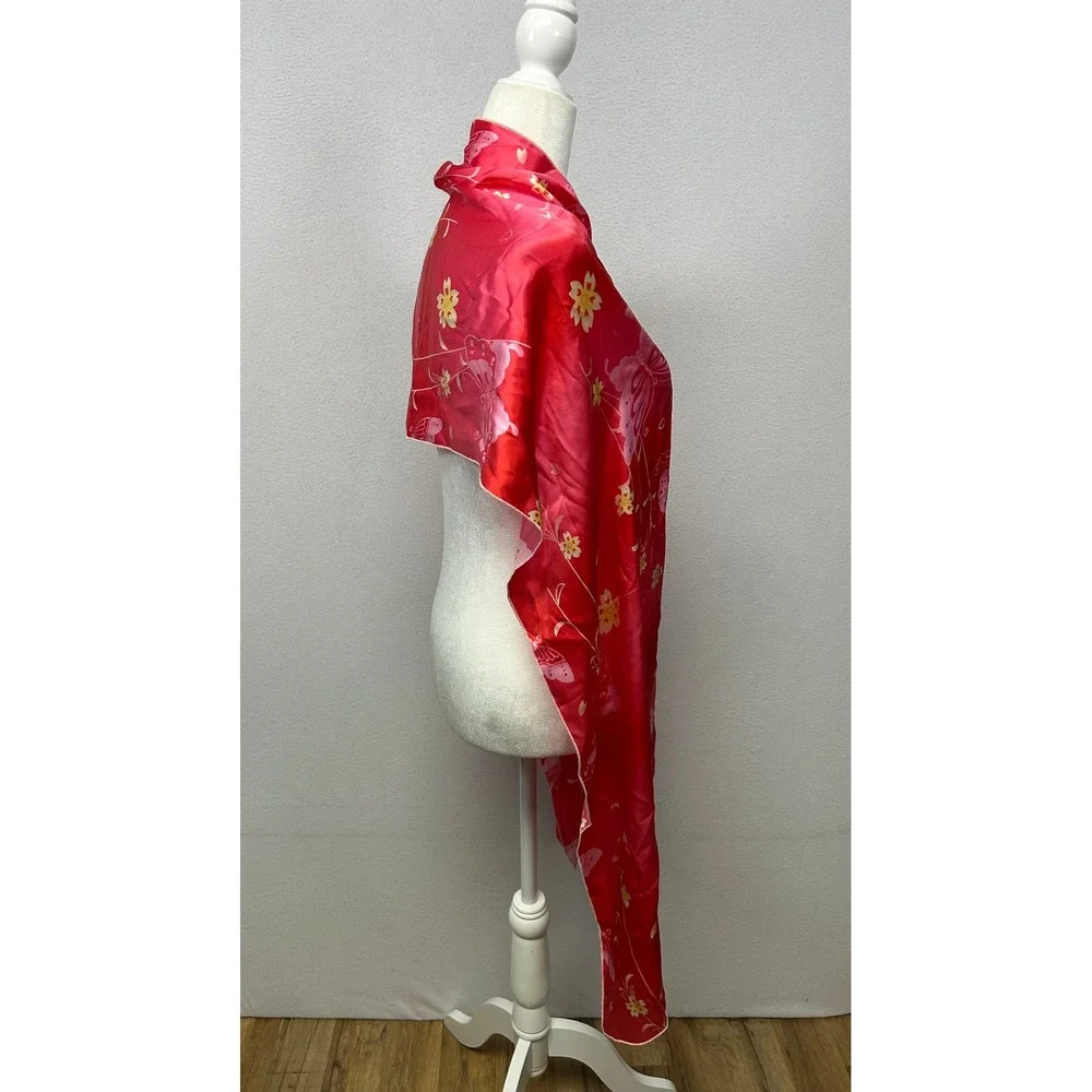 Y2K Whimsical Womens OS Red Pink Butterfly Floral Satin Long Scarf